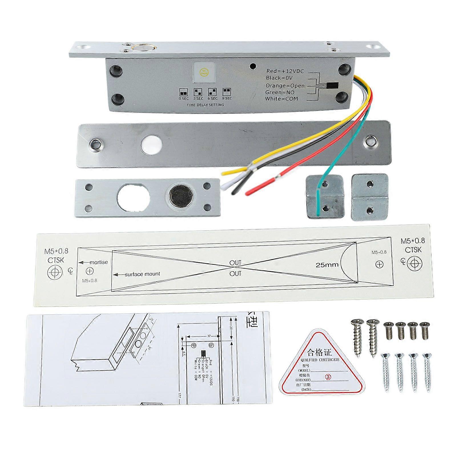 DC 12V 5 Lines Electric Bolt Lock Narrow Deadbolt Drop Bolt Door Lock with Time Delay LED Display for Door Entry Access Control Power Off Unlocking