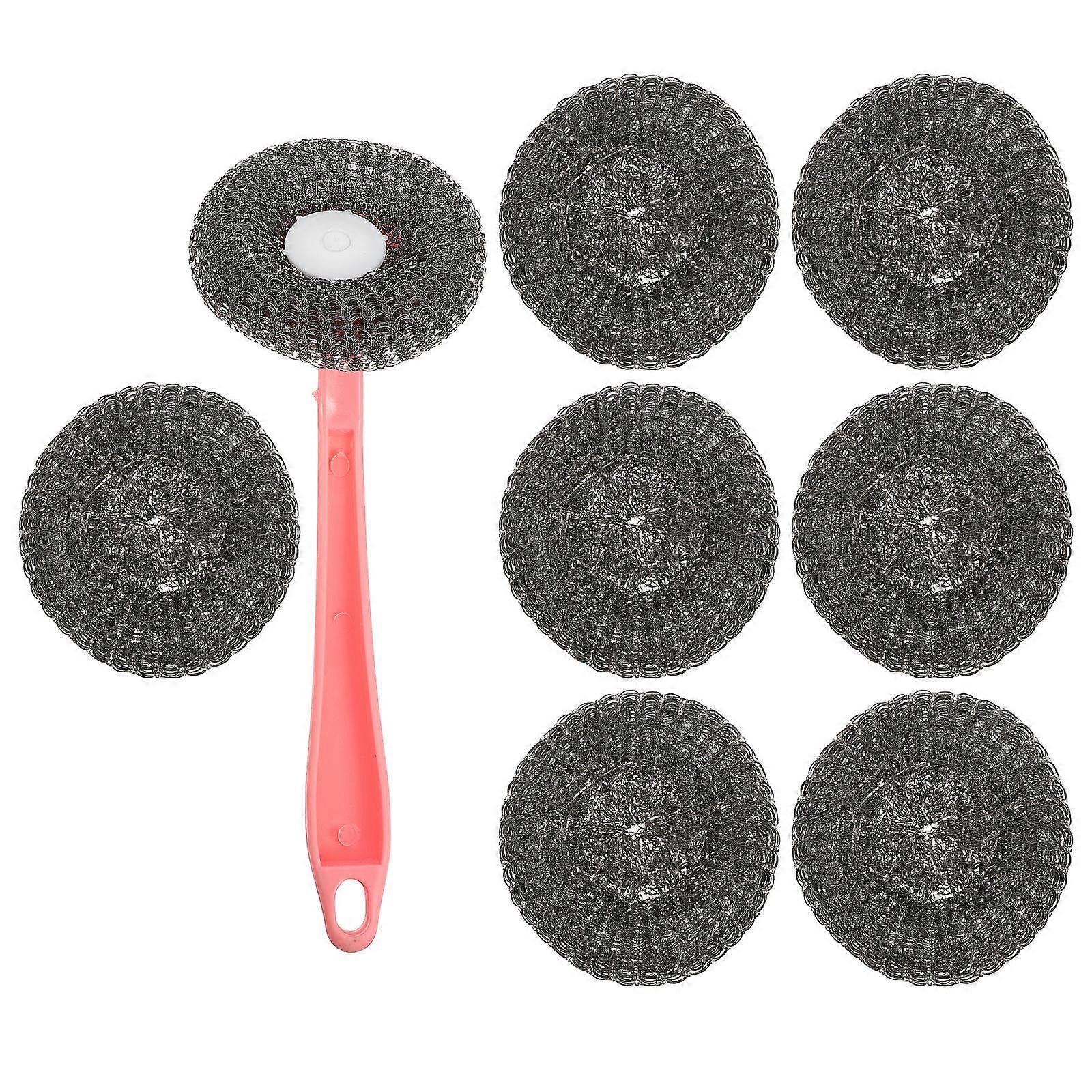Cleaning Brush Pot Handle with Steel Scrubbers 8Pcs for Dish Washing