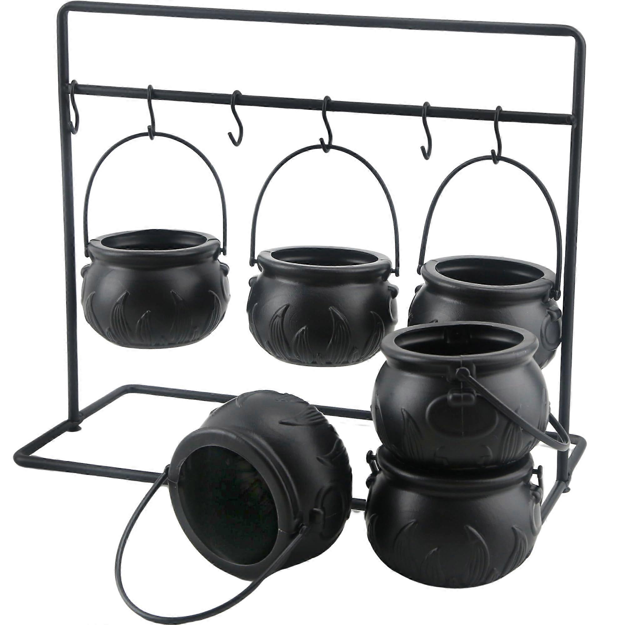 Halloween Witch Cauldron Candy Bowl Small Plastic Black Cauldron Bowls 6 Pack On Rack Hooks Halloween Party Decor