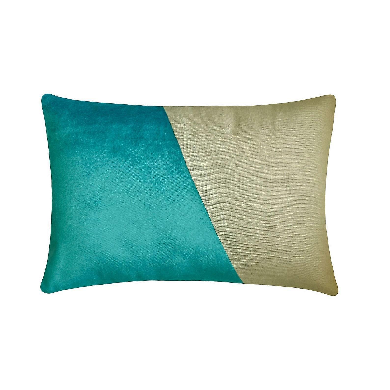Turquoise Blue 12"x18" Lumbar Pillow Cover, Velvet & Linen, Solid Color Block, Patchwork Pattern, Modern Style