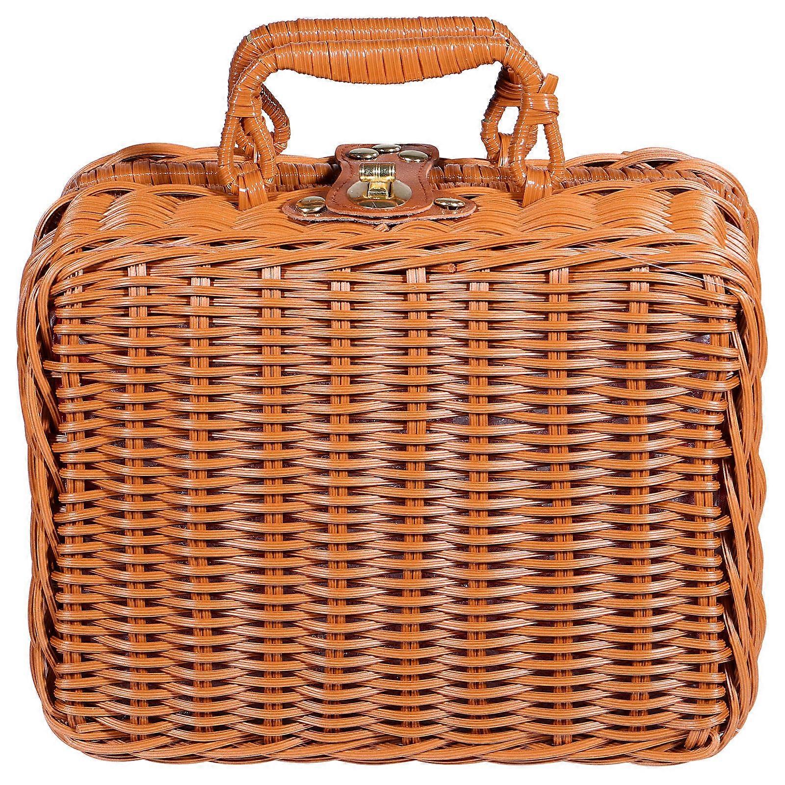 Retro Picnic Basket for Storage Use 2Pcs Woven Suitcase with Brown Lining