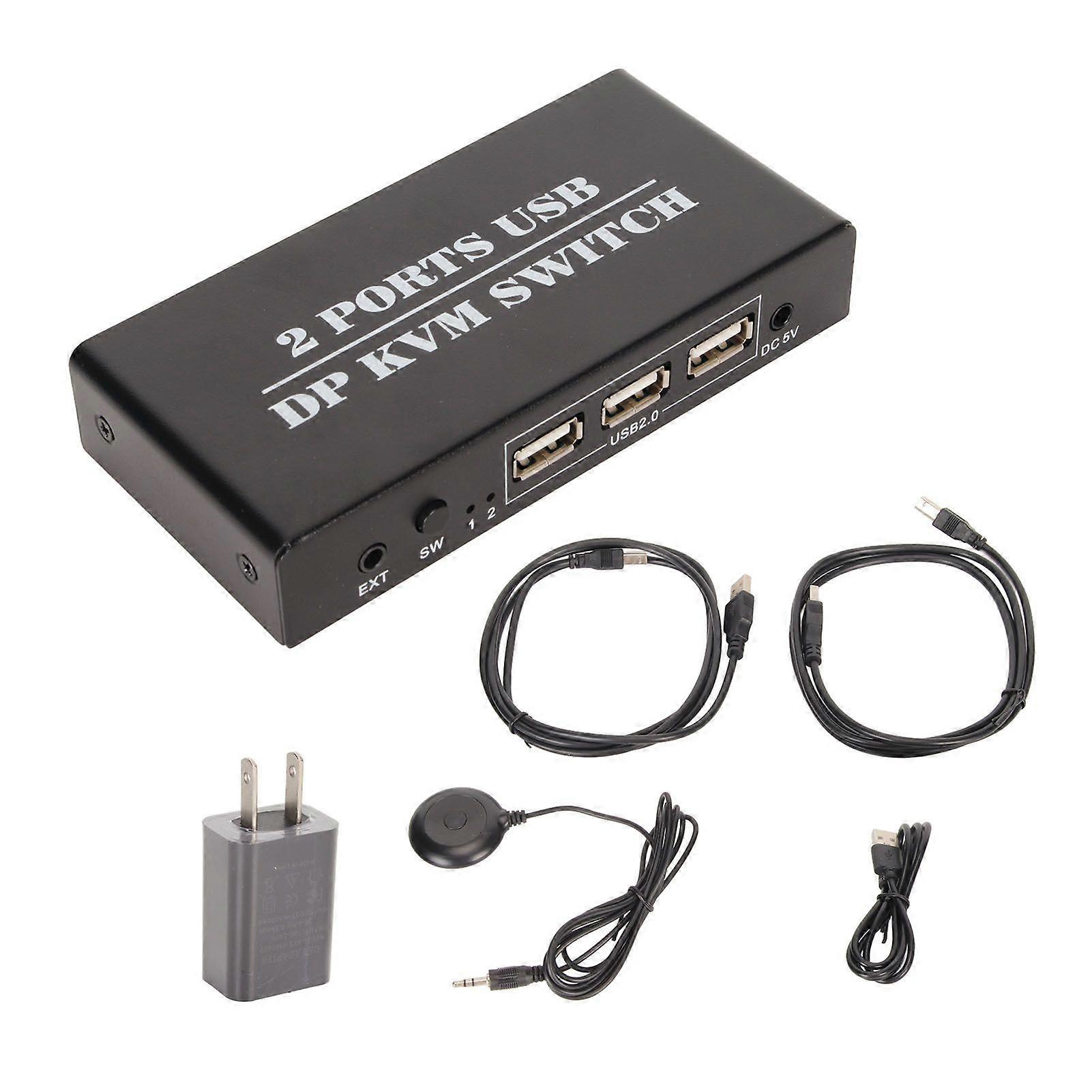 DisplayPort KVM Switch 2 Ports 4K 60Hz Dual Mode Aluminum Alloy Plug and Play KVM Switcher for Keyboard Mouse 100240V US Plug 100240V