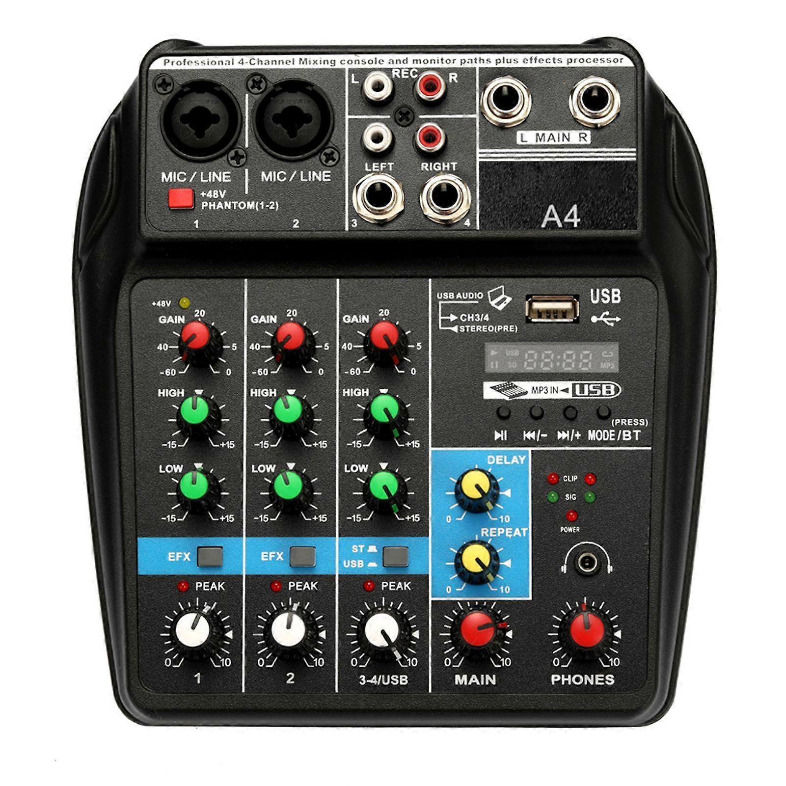 TU04 BT Sound Mixing Console Record 5V 2A Phantom Power Monitor AUX Paths Plus Effects 4 Channels Audio Mixer with USB