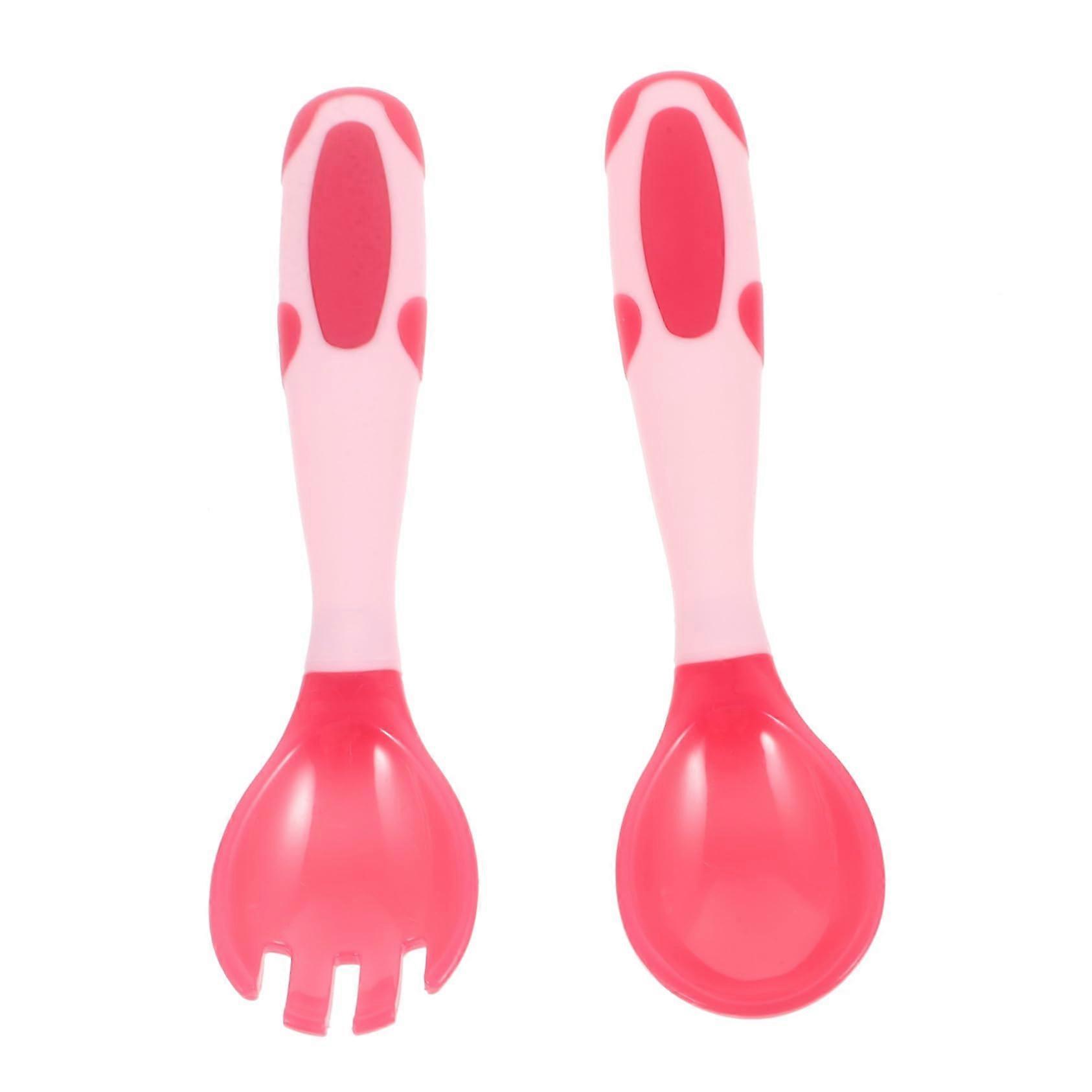 Left-Handed Bendable Spoon And Fork Temperature Sensing Lightweight Flatware For Self Feeding Training Safe Grip Pink
