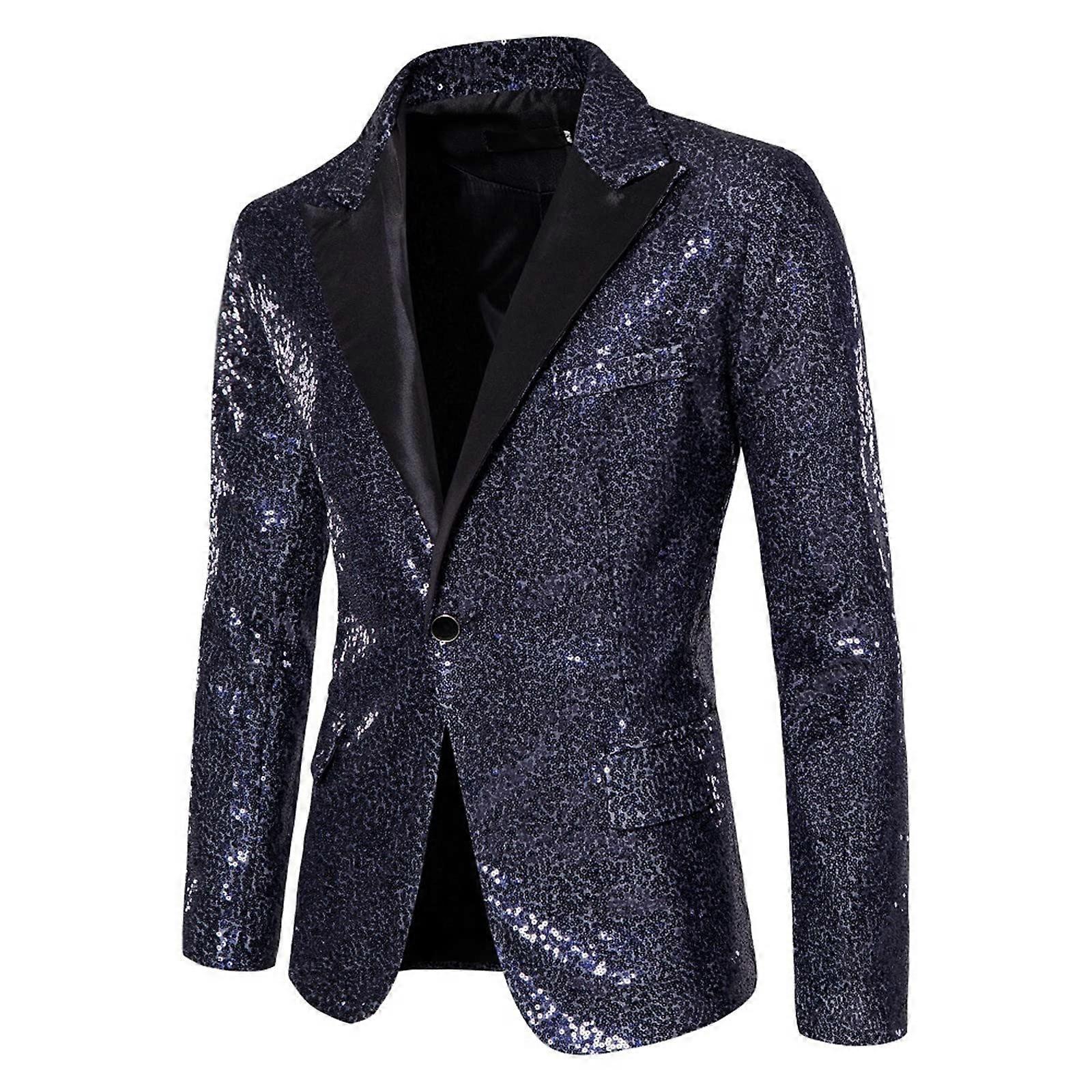 Sequin Jacket Men's Blazer Shiny Festival Outfit Glitter Clubwear Host Costume Wedding Slim Fit Navy Size L Outerwear