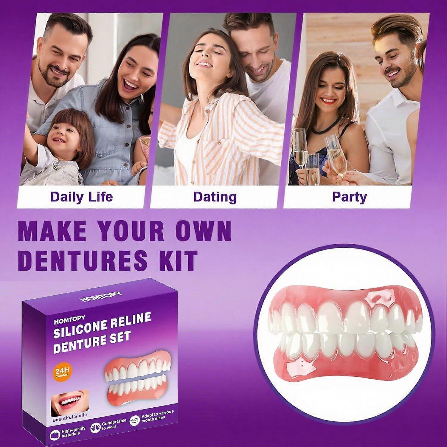 Silicone Reline Denture Set, Professional Denture Silicone Reline Kit, Upper and Lower Veneer, Soft and Comfortable Dentures, Dentures for Women and M