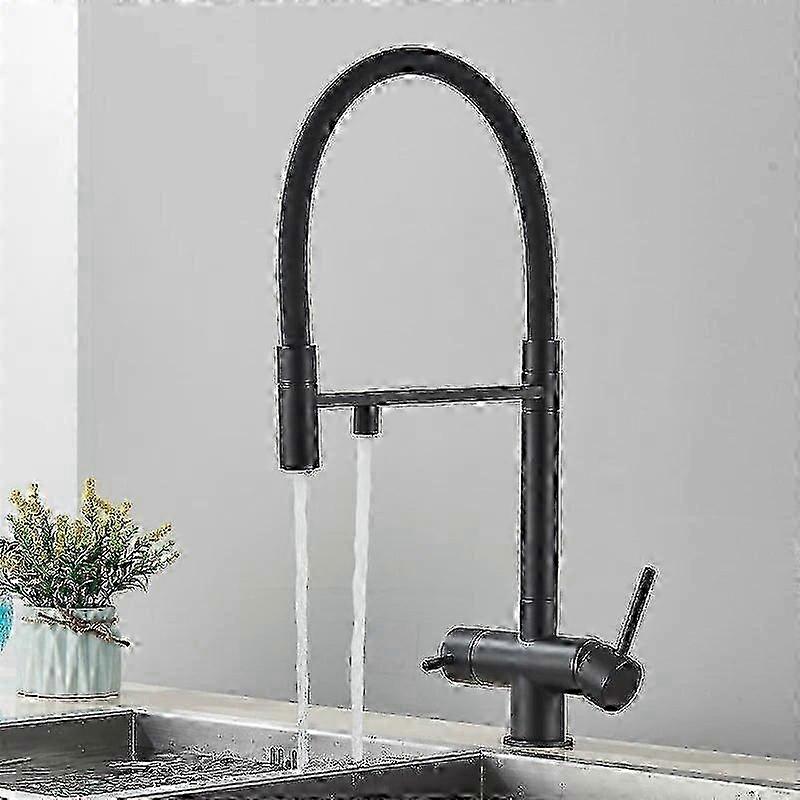 Dual Handle Brass Kitchen Faucet with Flexible Pipe and 360° Rotation for Filtered Water Mixing