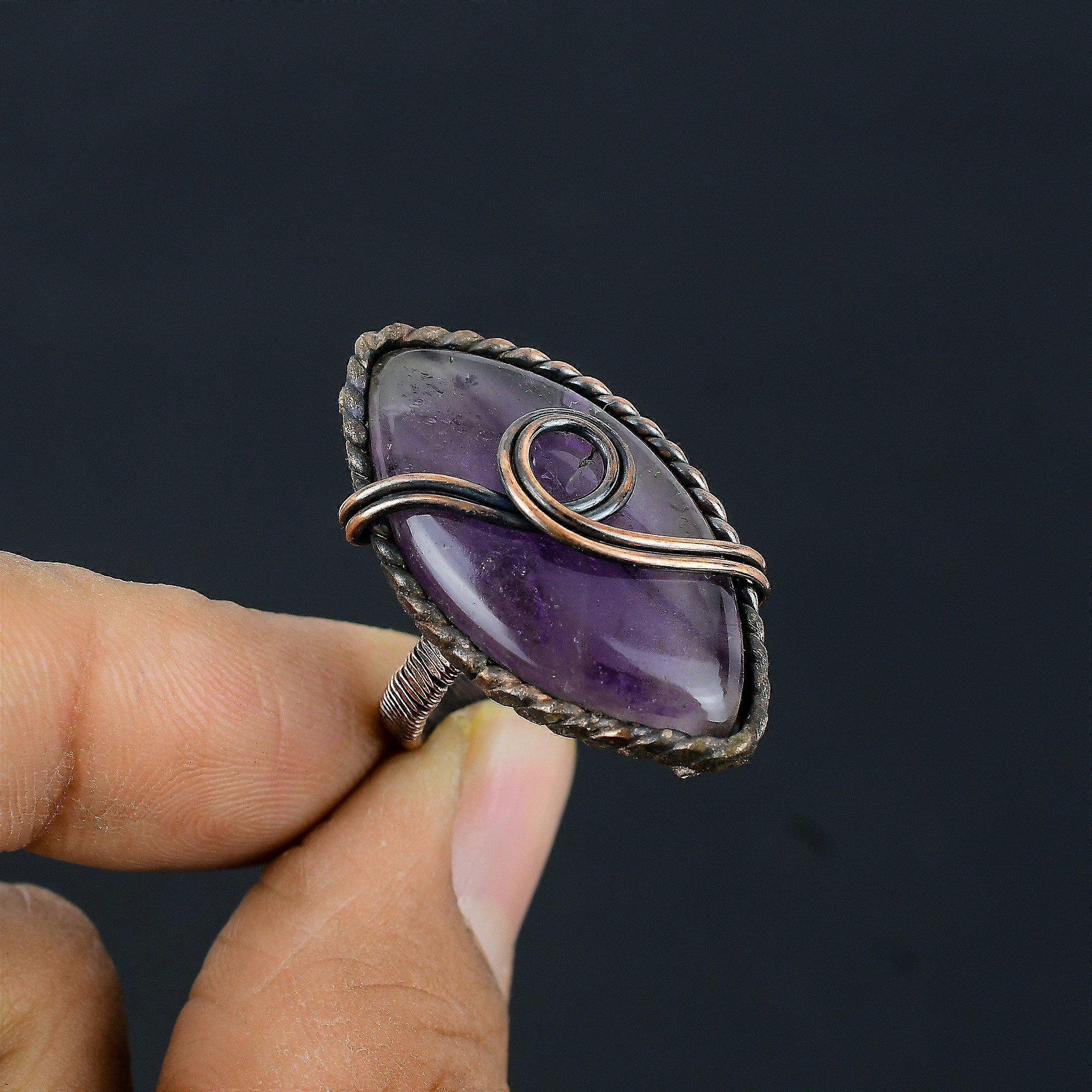 Amethyst Gemstone Copper Wire Wrapped Handmade Jewelry Ring For Gift