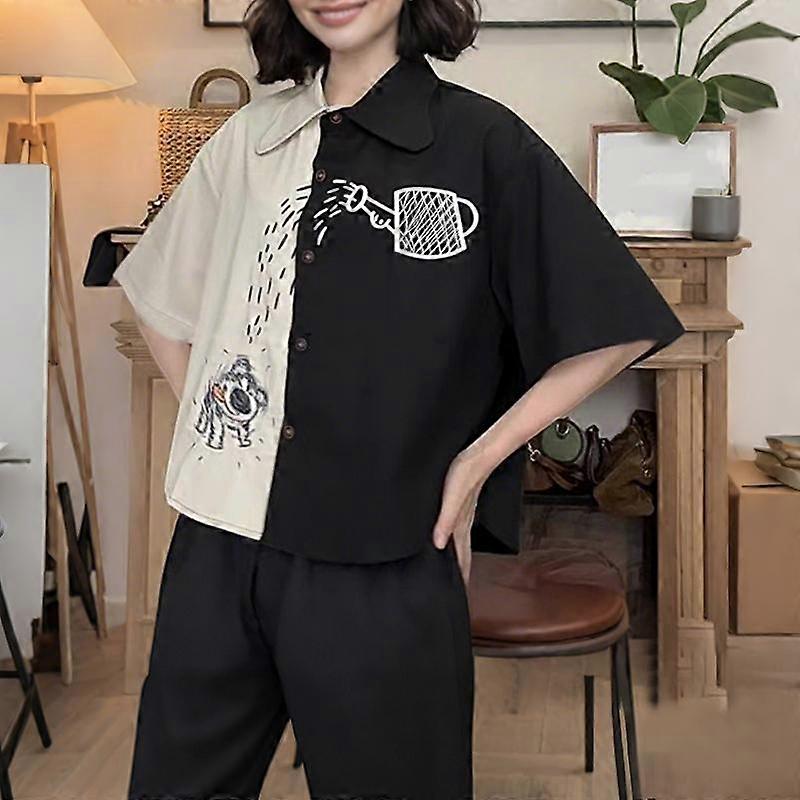 ZANZEA Women Turn Down Collar Half Sleeve Loose Patchwork Blouse