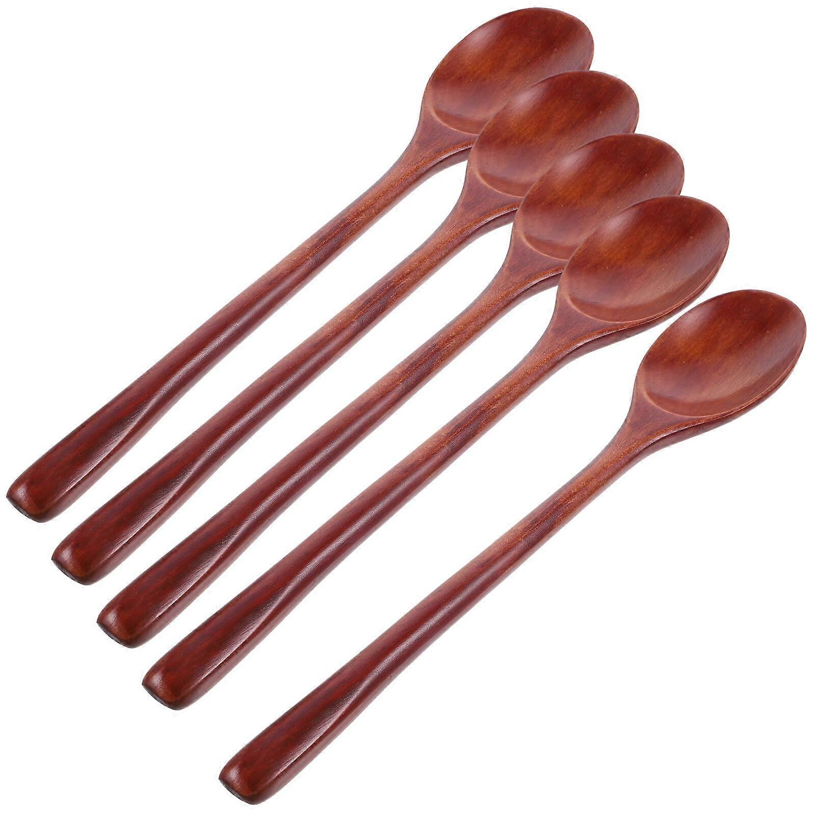 5pcs Long Handle Wooden Soup Spoons Set for Cooking and Dining, Durable Natural Wood Serving Spoons