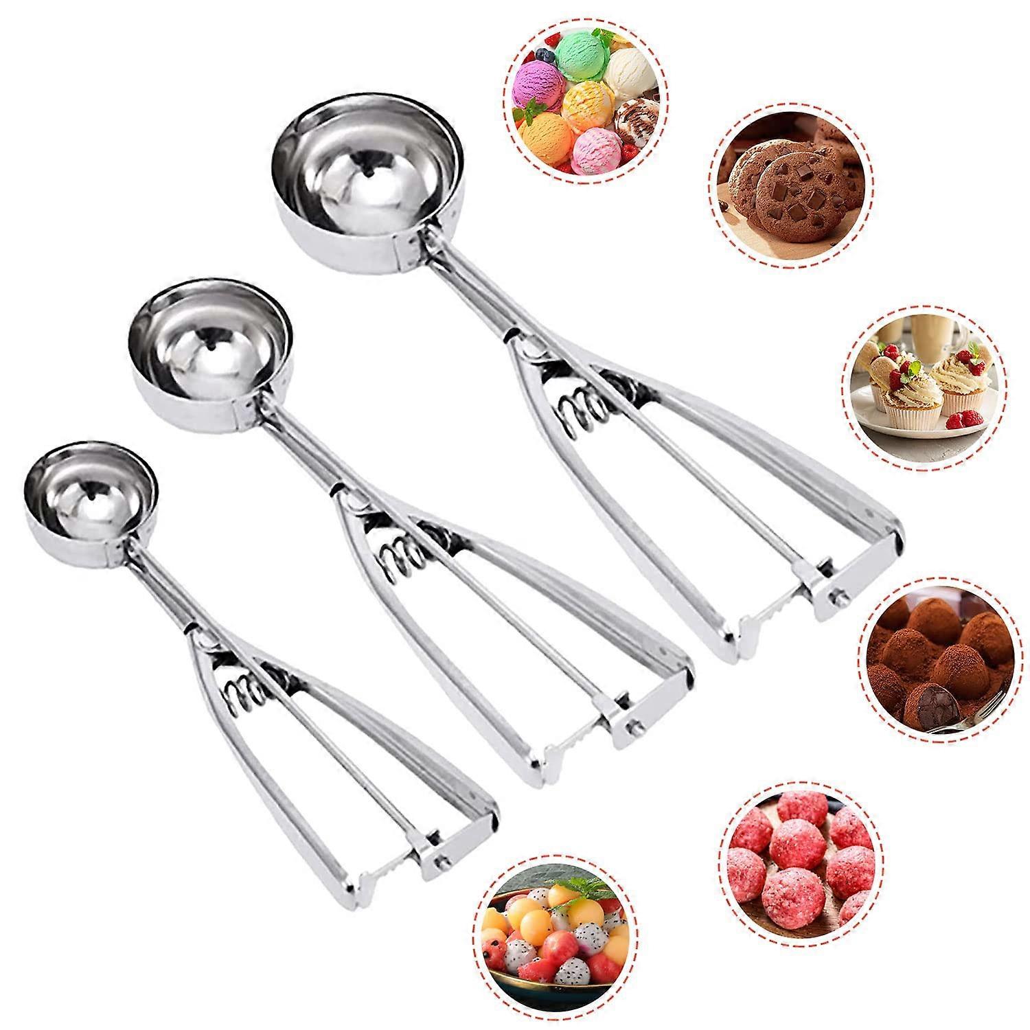 Cookie Scoop Set of 3 Stainless Steel Baking Scoops with Ergonomic Trigger for Ice Cream and Cookies