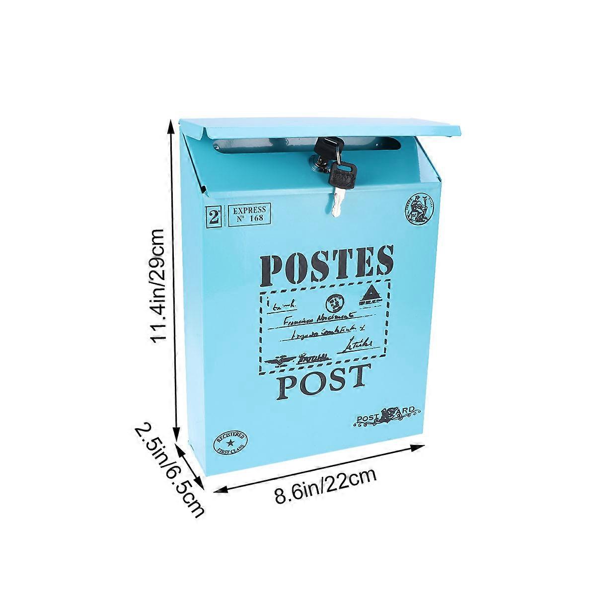 Iron Post Box for Decoration Use Wall Hanging Mounted Locking Mailbox Blue