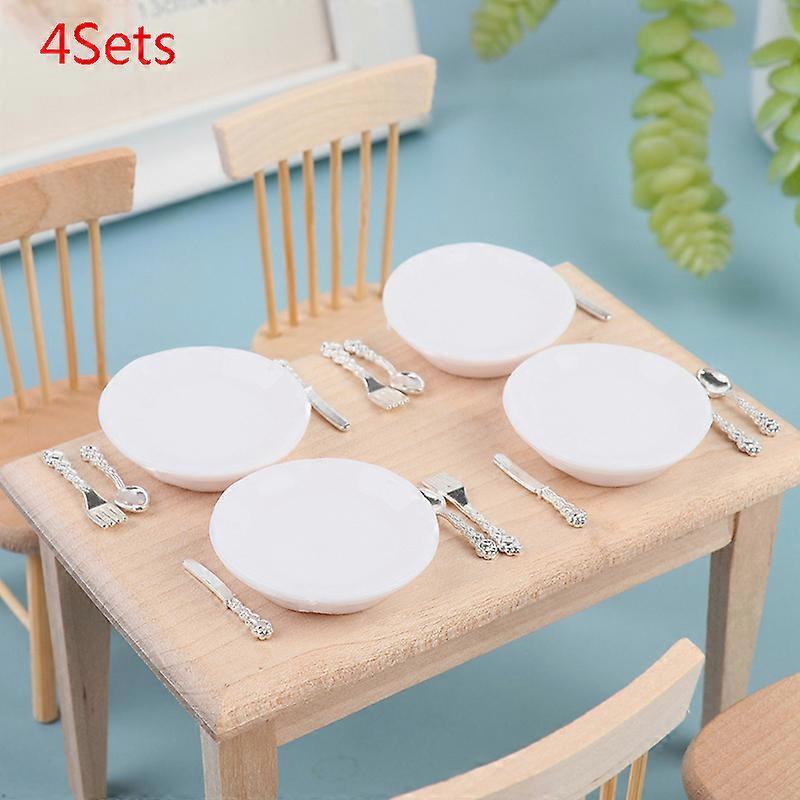 4 Sets 1:12 Dollhocome simulation Miniature Plate Knife Fork Spoon Set Doll Kitchen Tableware Decor