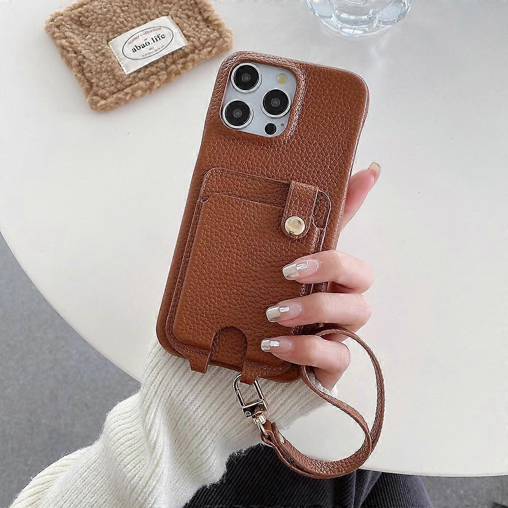 For iPhone 15 Pro Max Case Multi-Functional Card Slots Leather Back Cover with Wrist Strap
