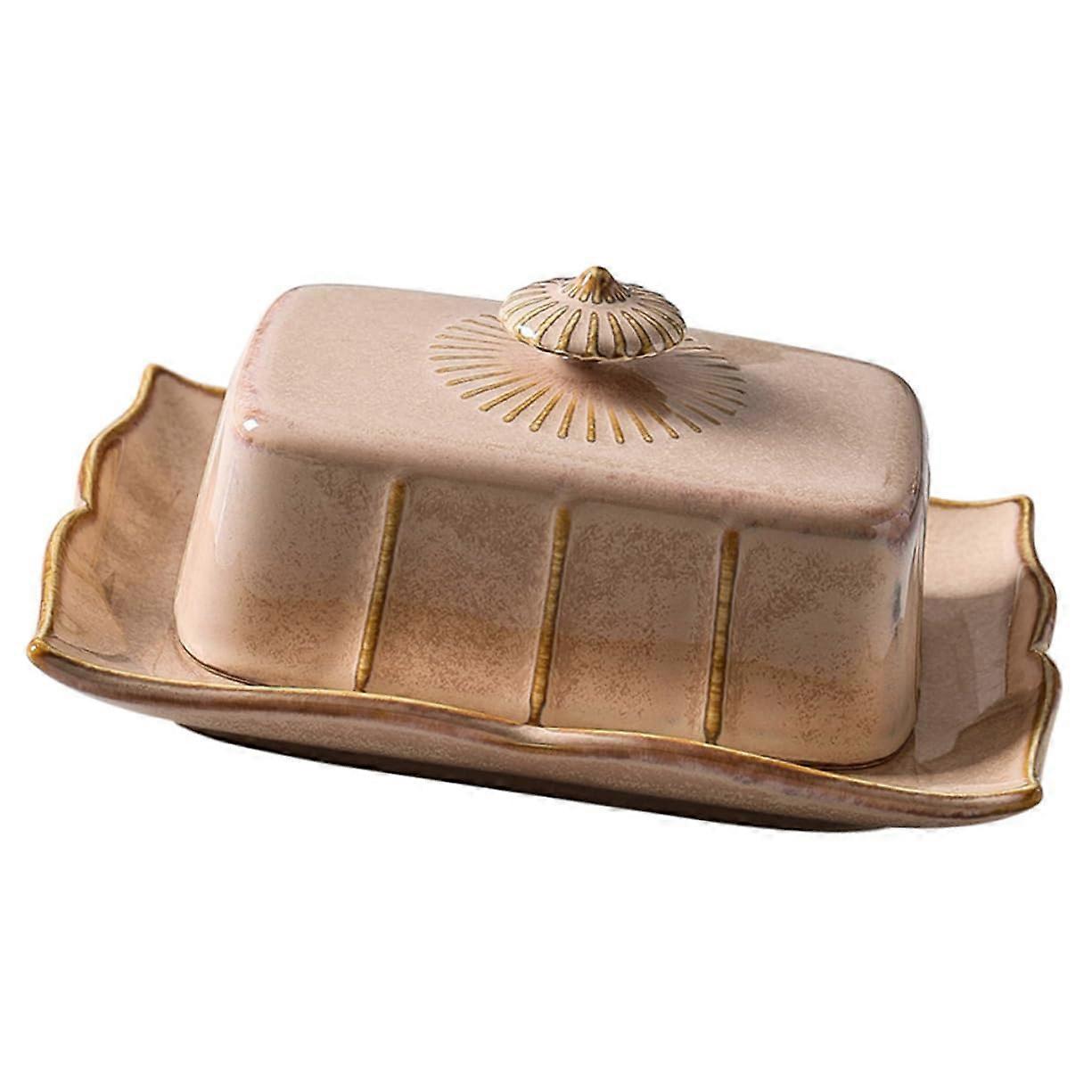 Butter Dish with Lid Ceramic Vintage Rectangular Keeper Elegant Khaki Tray for Kitchen Dining