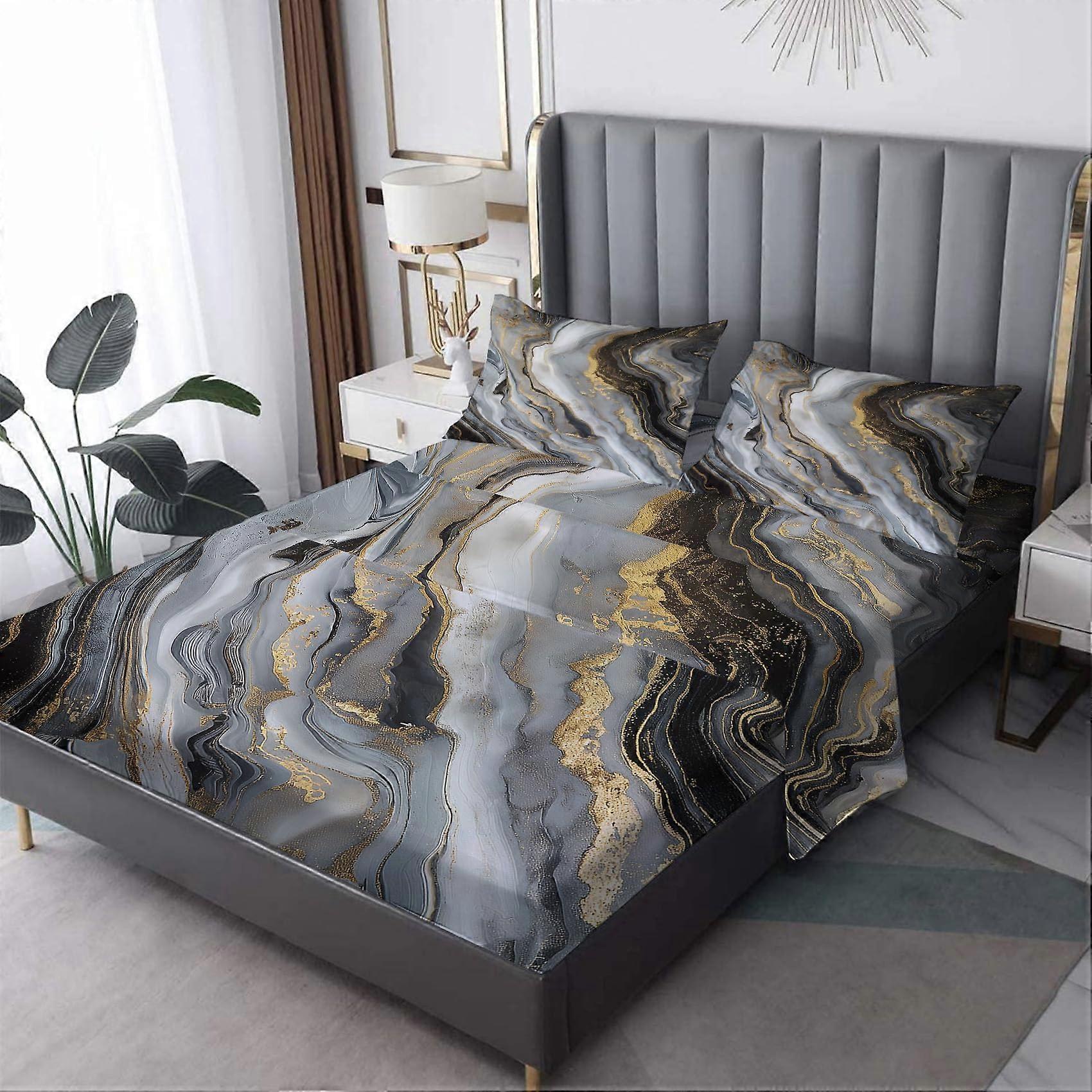 Split King Bed Sheets Set Grey Marble 5pc Deep Pocket Breathable Microfiber with Pillowcases
