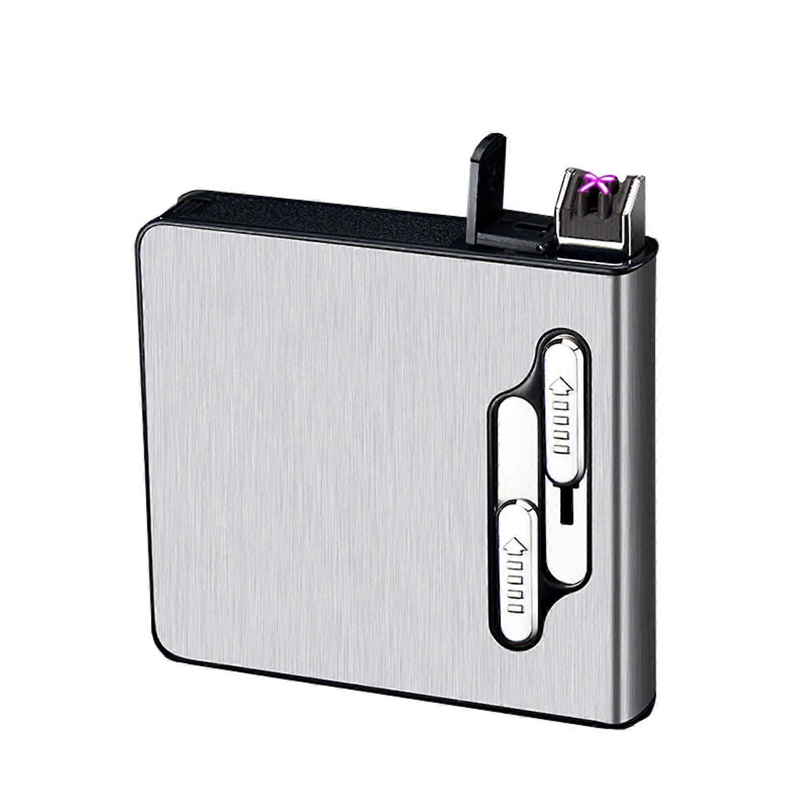 20 Pack Double Arc Rechargeable Cigarette Case Lighter Silver Dual Switch Flameless Ignition