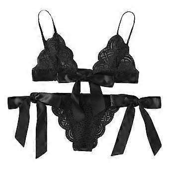 Transparente Dessous für Damen, modische Netzspitze mit Schleife, sexy Träger-Dessous, verführerisches Set, Schwarz