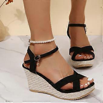 Summer Saving Clearance! Women's Wedge Sandals New Thick Sole Round Toe Slope Heel Sandals Women's High Heel Summer Casual Shoes Black US Size 7