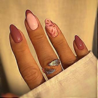 Leaf Press on Nails Medium Fake Nails, French Tip Press on Nails Almond Shape False Nails Wine Red Leaves Stick on Nails 24Pcs