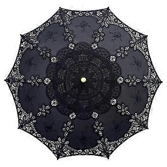 Handcrafted Cotton Lace Parasol with Artistic Floral Embroidery, Wedding Umbrella for Outdoor Sun Protection, Black, Wooden Handle