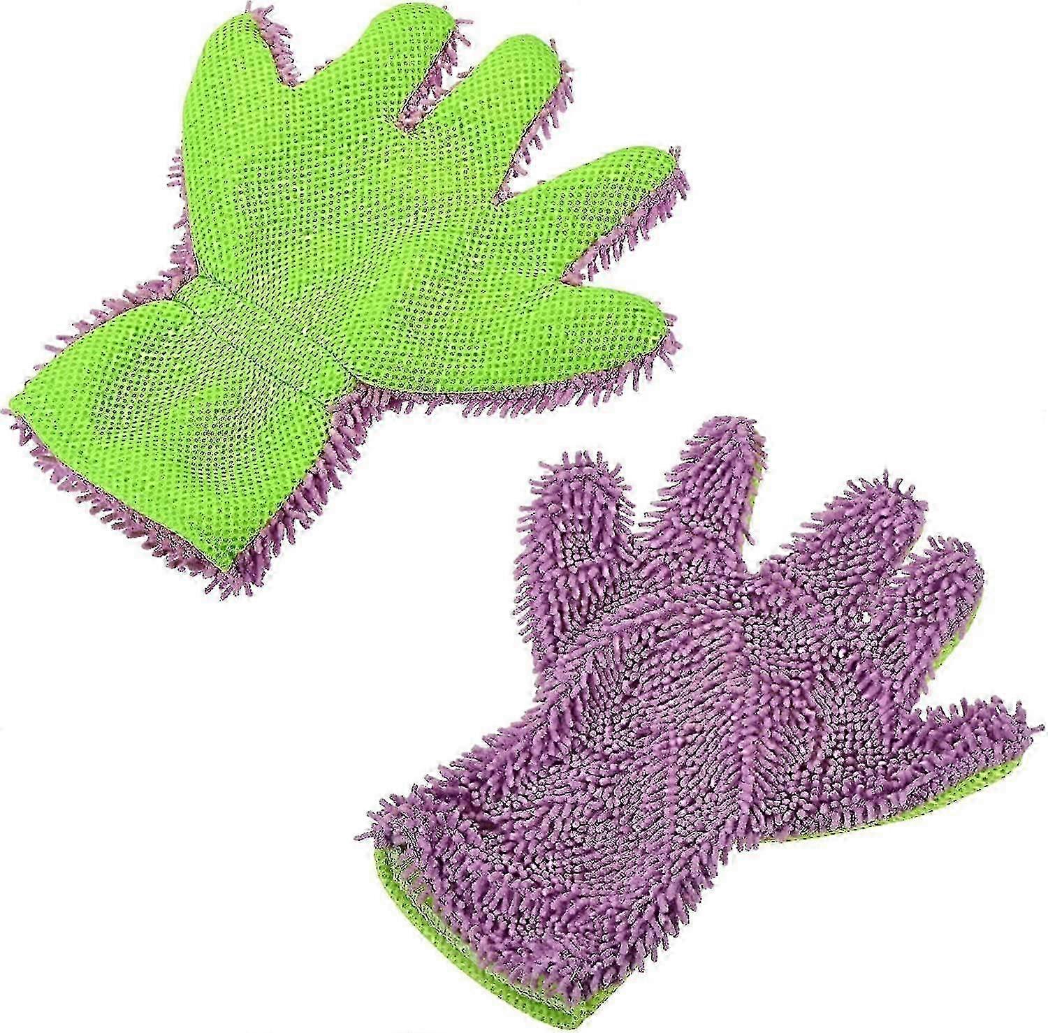Microfiber Double Sided Chenille Dusting Gloves compatible with Kitchen, 2pcs-green Purple
