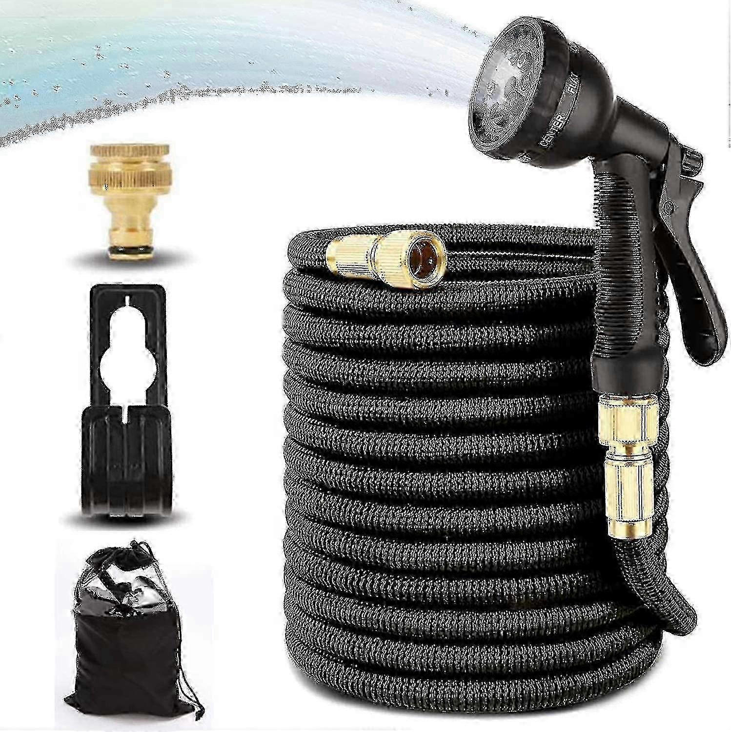 30m Black Expandable Hose with Multi-Pattern Spray Nozzle compatible with Garden Use