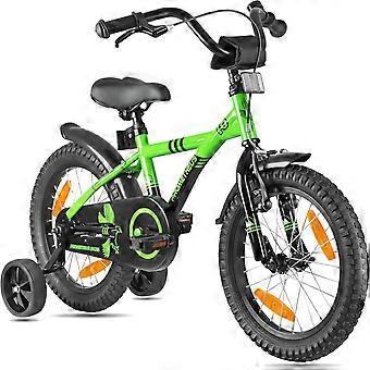 PROMETHEUS BICYCLES Kinderfiets, 16 inch, vanaf 5 jaar, voor meisjes en jongens, met zijwieltjes, achteruittraprem, groen en zwart