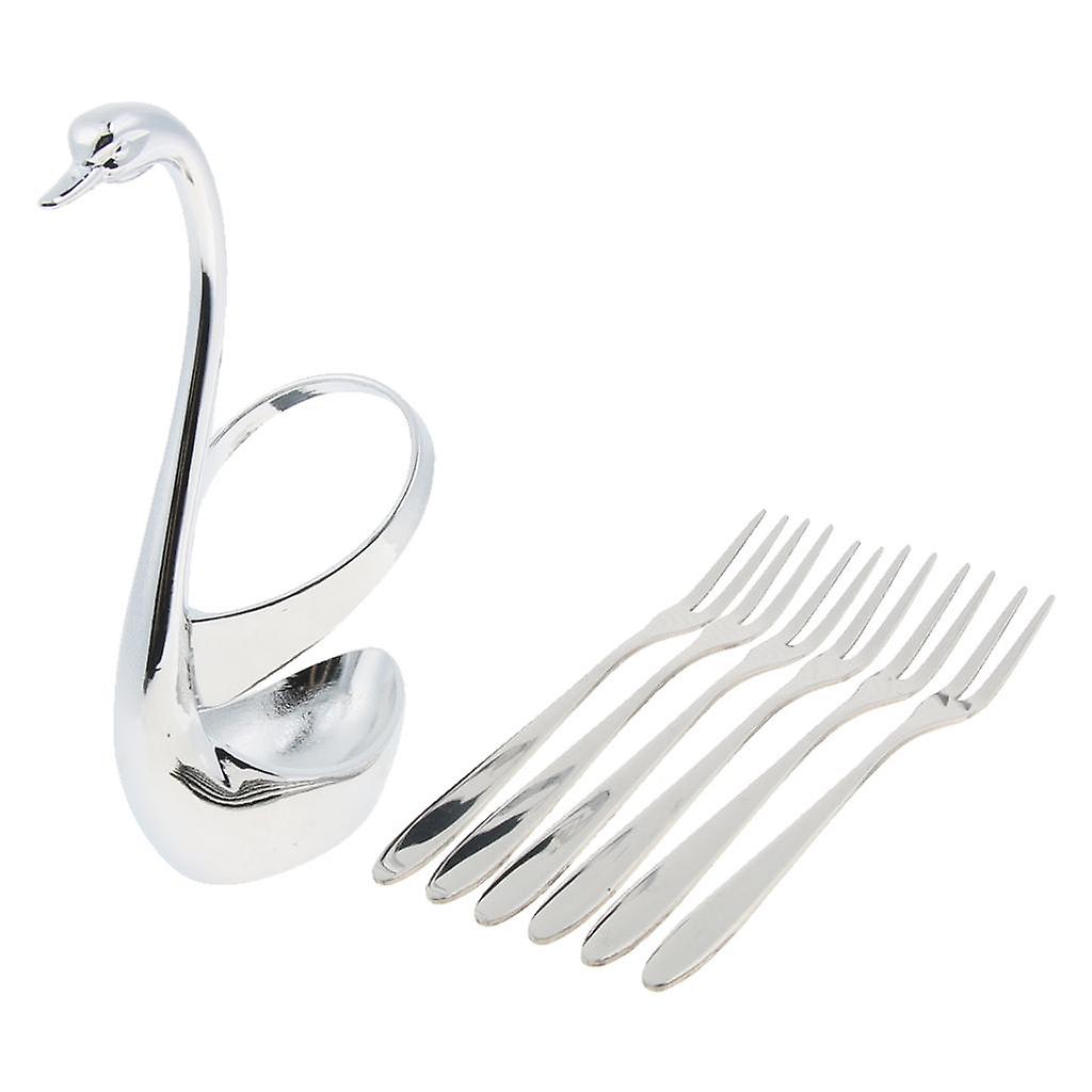 Creative Stainless Steel Swan Table Kitchen Fruit Food Fork with Base Holder