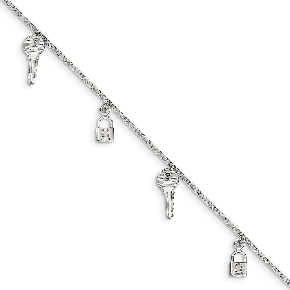 6.75mm 925スターリングシルバーポリッシュロックとキー10インチプラス1inエクステンションアンクレット-女性用アンクレット-長さ:10〜11