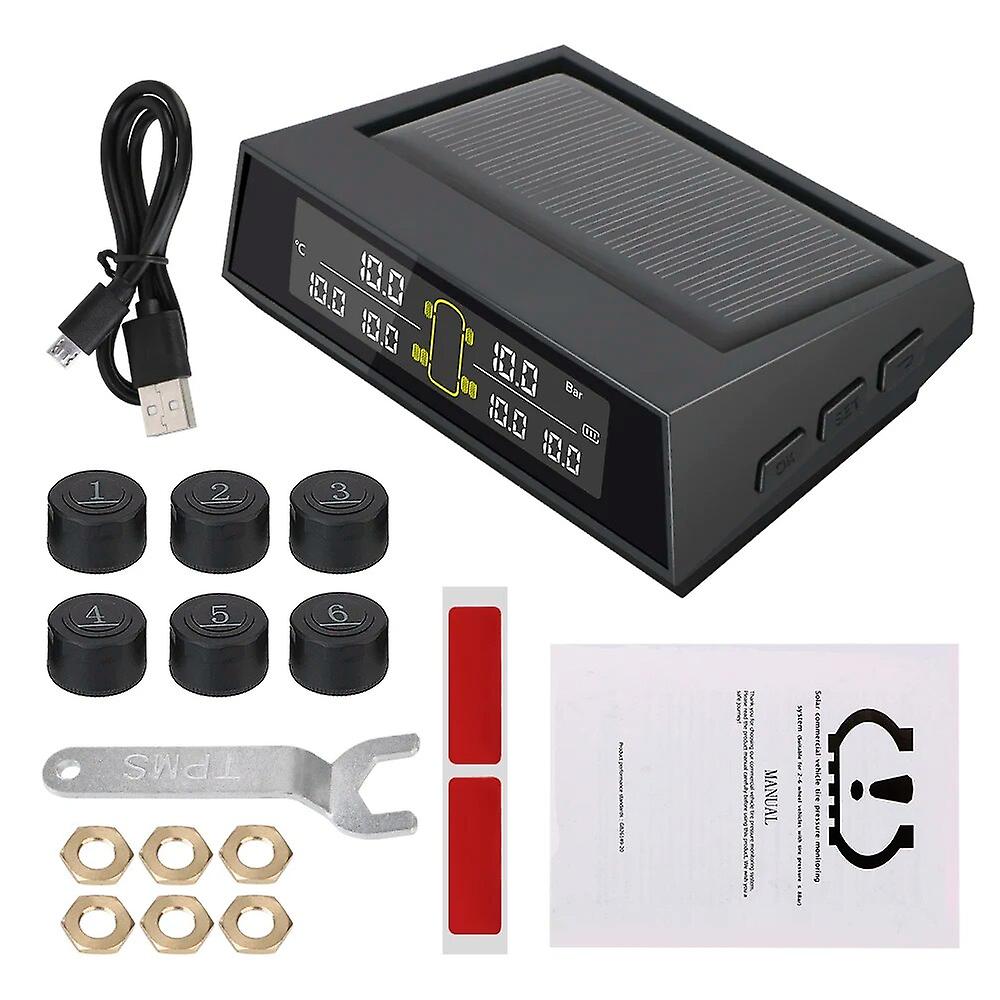 Truck Tpms Solar Power Tire Pressure Monitoring System With 6 External Sensors Lcd Color Screen Tire Temperature Alarm For Rv