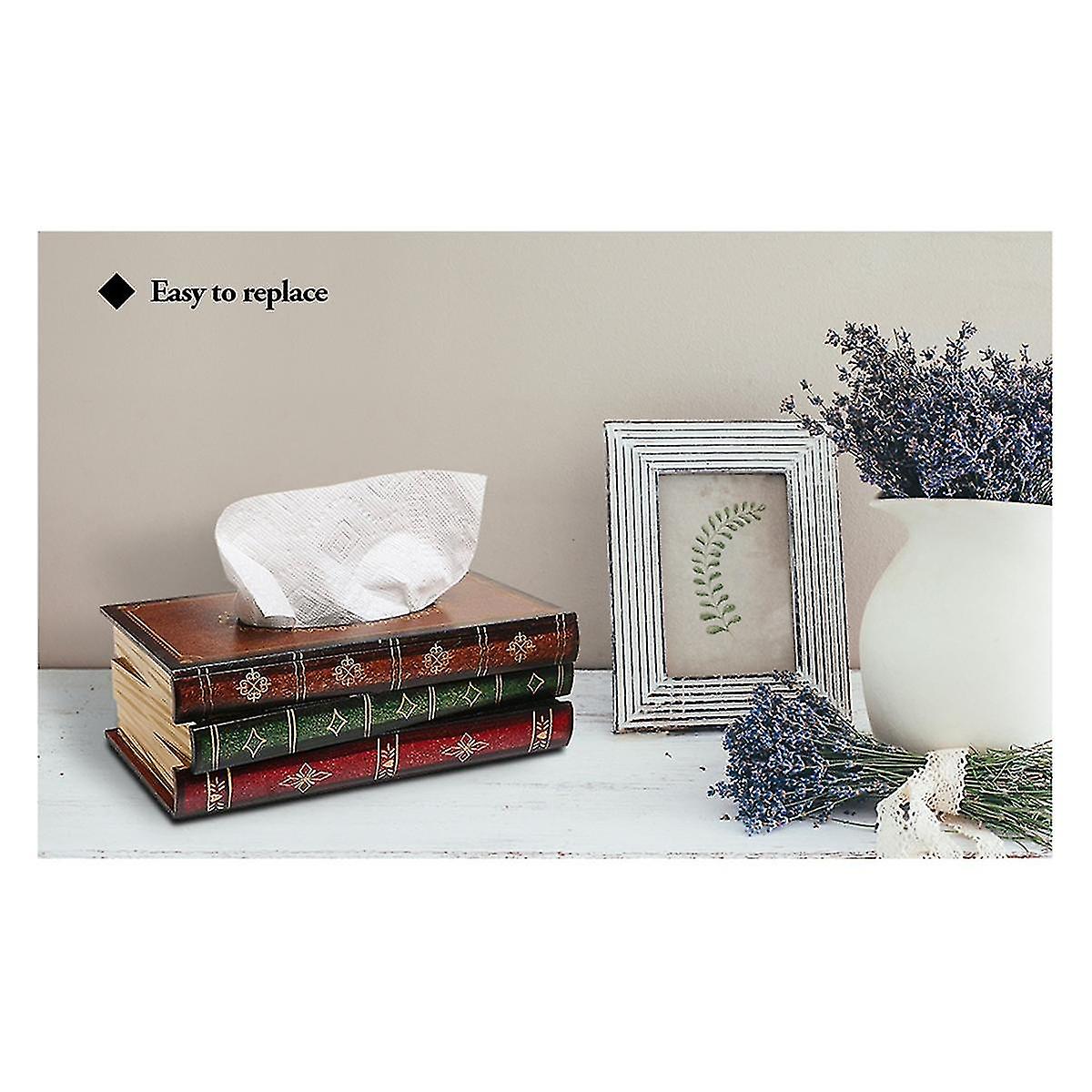 Vintage Stacked Books Design Solid Wood Tissue Box Holder Rectangular With Easy Refill Hinged Top,blue