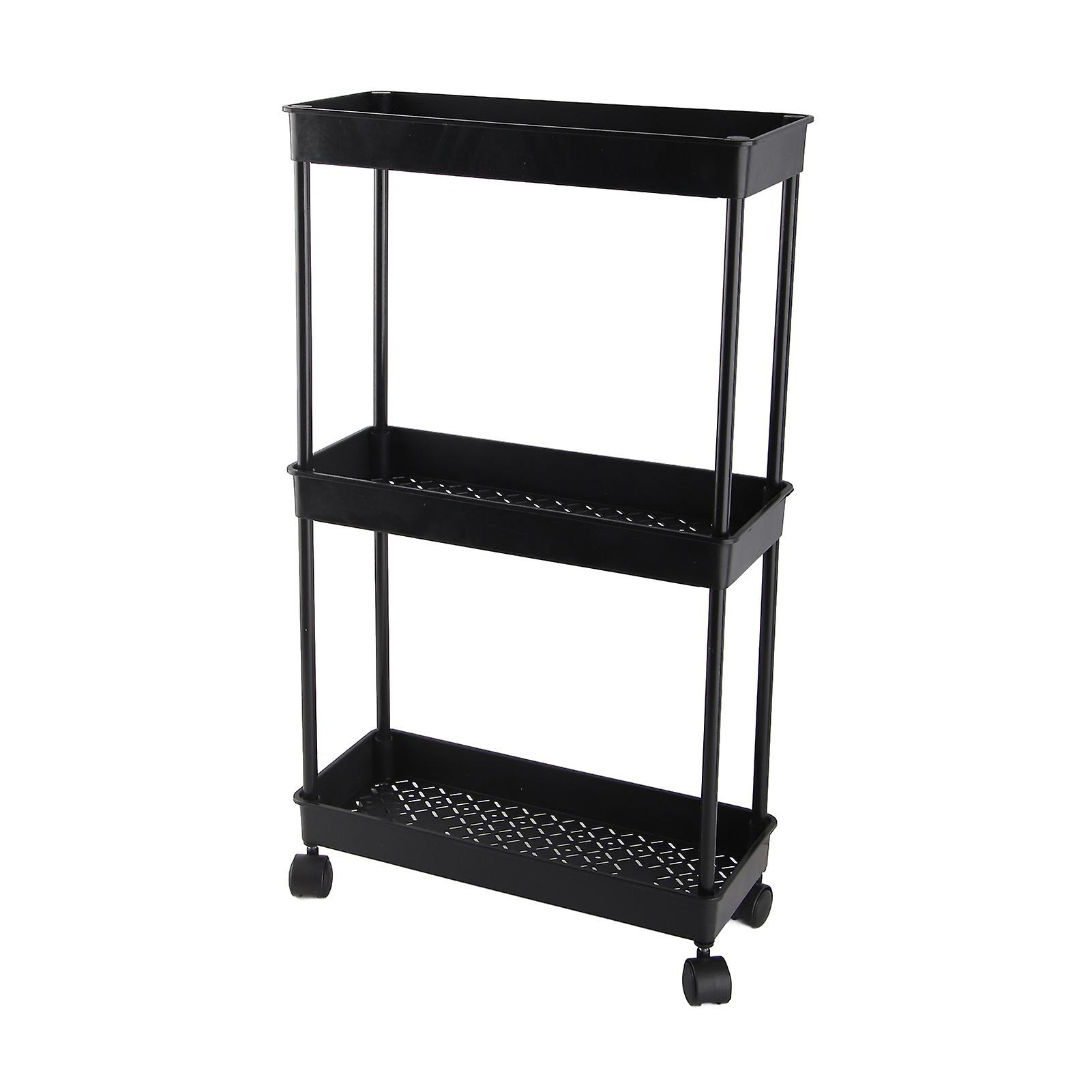 Mobile Shelf Black 3 Tier 15cm Wide Space Saving Widely Used Plastic Steady Rolling Utility Cart for Laundry Bathroom Kitchen Office