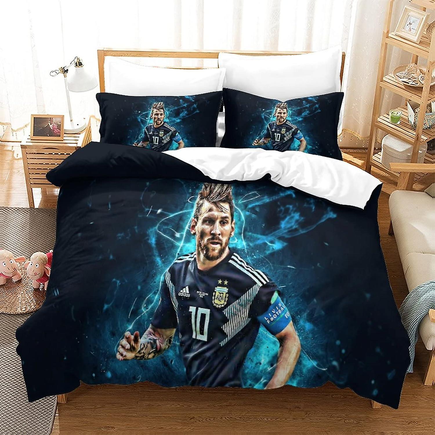 KNITII Lionel Messi Drukowana w 3D poszwa na kołdrę z zamkiem błyskawicznym Miękka łatwa w pielęgnacji poszewka na kołdrę Kołdra Pościel Mistrzostwa Świata w piłce nożnej Superstar Zestaw z poszewkami na poduszki