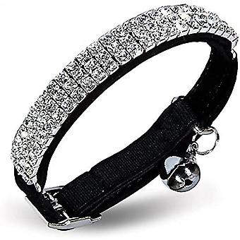 Veeki Soft Velvet Safe Cat Adjustable Collar Bling Diamante with Bells,11 inch for Small Dogs and Cats ((Black))
