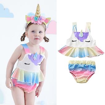 Veeki Girls Unicorn Swimsuit Bathing Suits Girl Ruffled Tankini Bikini Two Piece Swimwear Beachwear, 5-6 Years, Rainbow