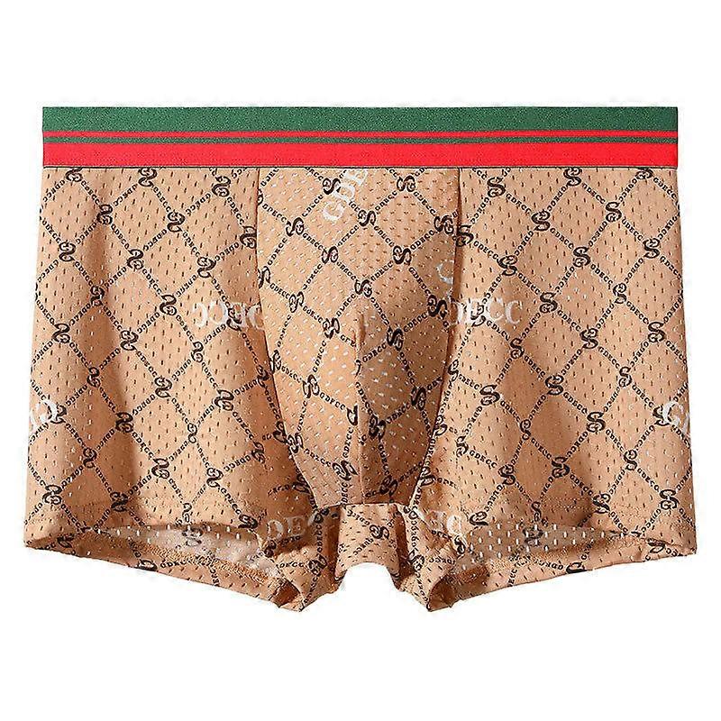 Men's Ice Silk Briefs Breathable Trendy Printed Antibacterial Comfort Boxer Shorts 5pcs Pack-light coffee