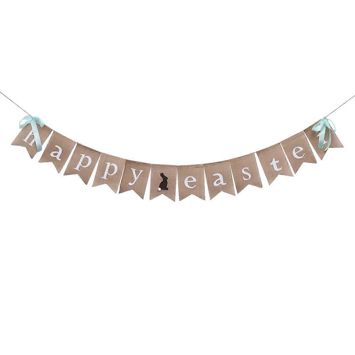 2.8m Happy Easter Burlap Banner with Bunny Pattern Bunting Easter Party Home Decorations