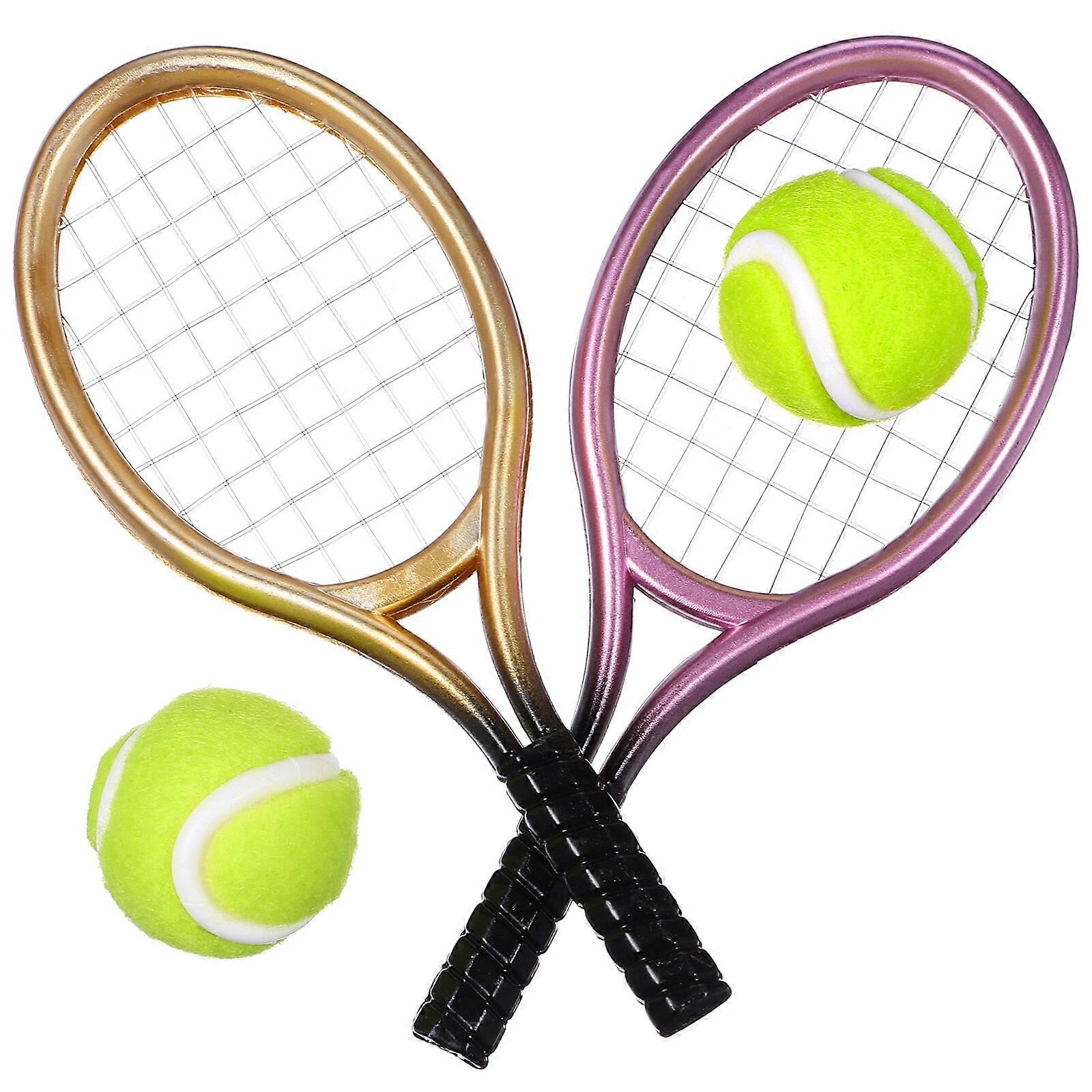 2 sets of Miniature Tennis Rackets And Balls Model Mini Ornament Photo Prop (Random Color)
