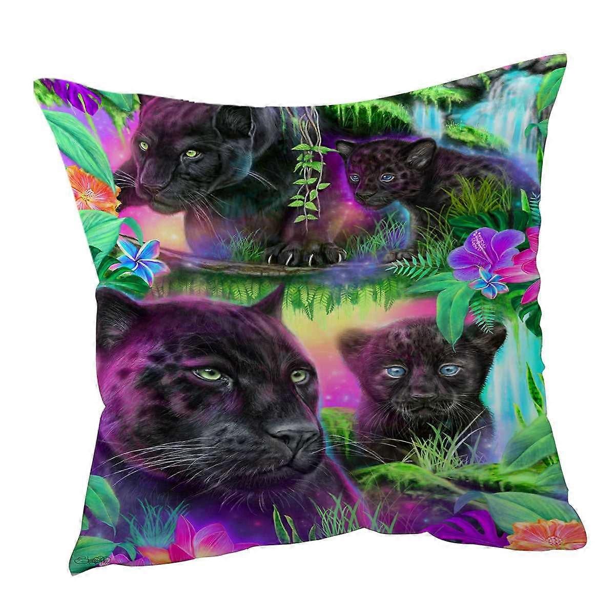 丛林动物绘画白日梦黑豹靠垫套