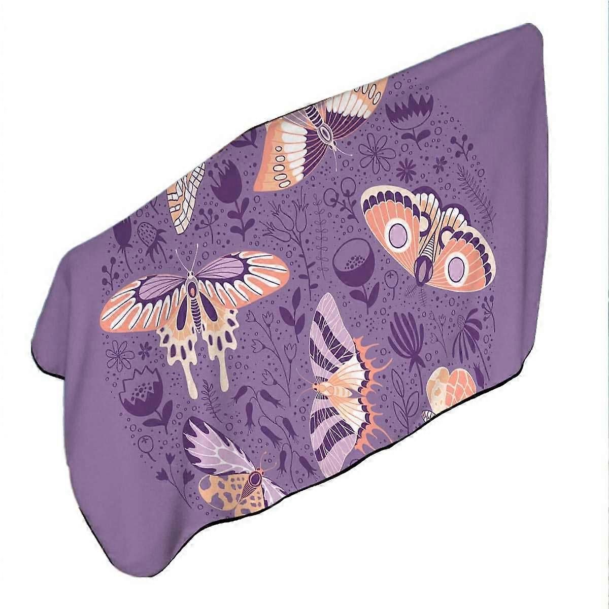 Peach Butterflies over Floral Purple Microfiber Beach Towel