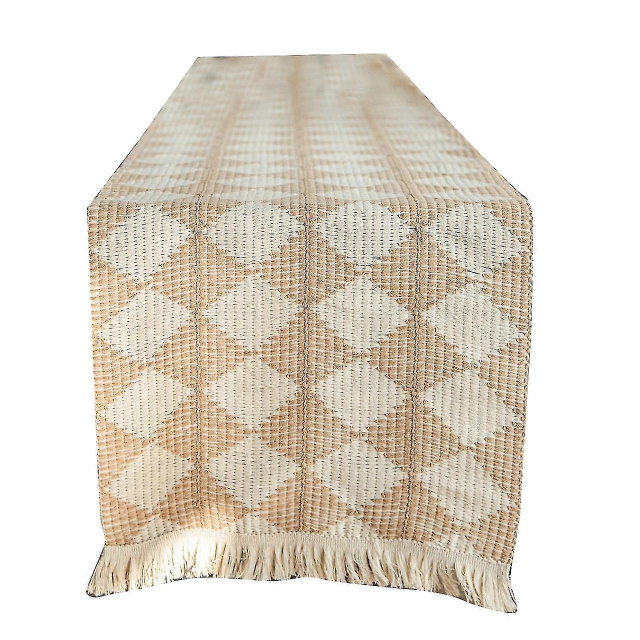 table runner farmhouse rustic handmade woven tassels(khaki)