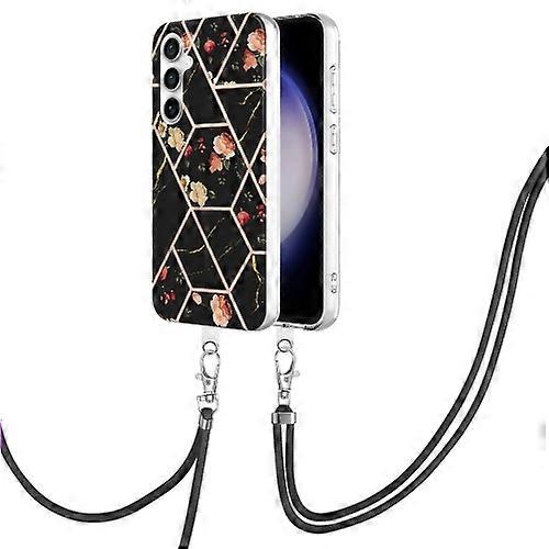 For Samsung Galaxy S23 FE 5G Electroplating Splicing Marble Flower IMD TPU Phone Case with Lanyard