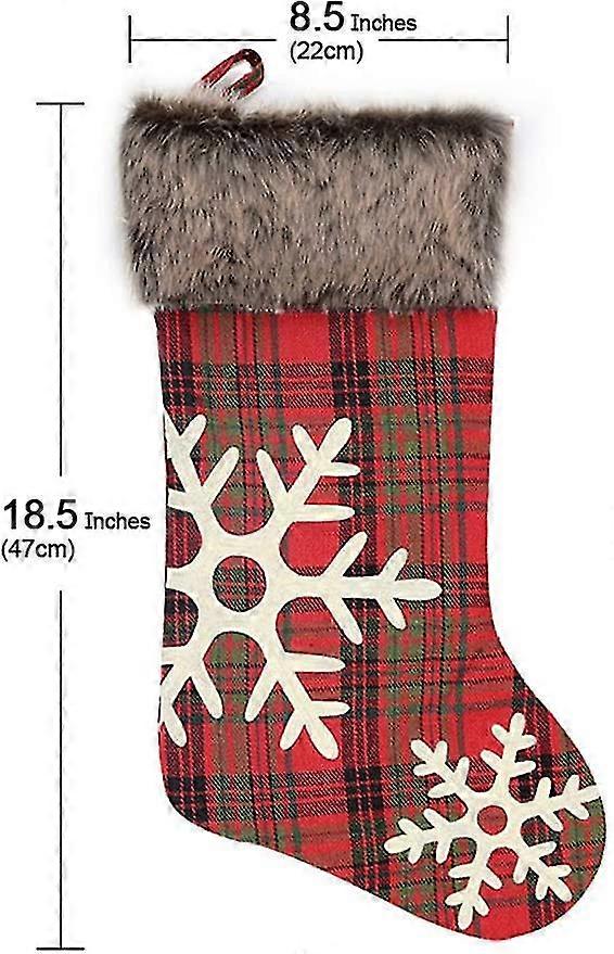 Christmas Stockings 2021, 18 Inches Burlap With Large Plaid Snowflake And Plush Faux Fur Cuff Stockings,(2 Pcs Plaid Snowflake)