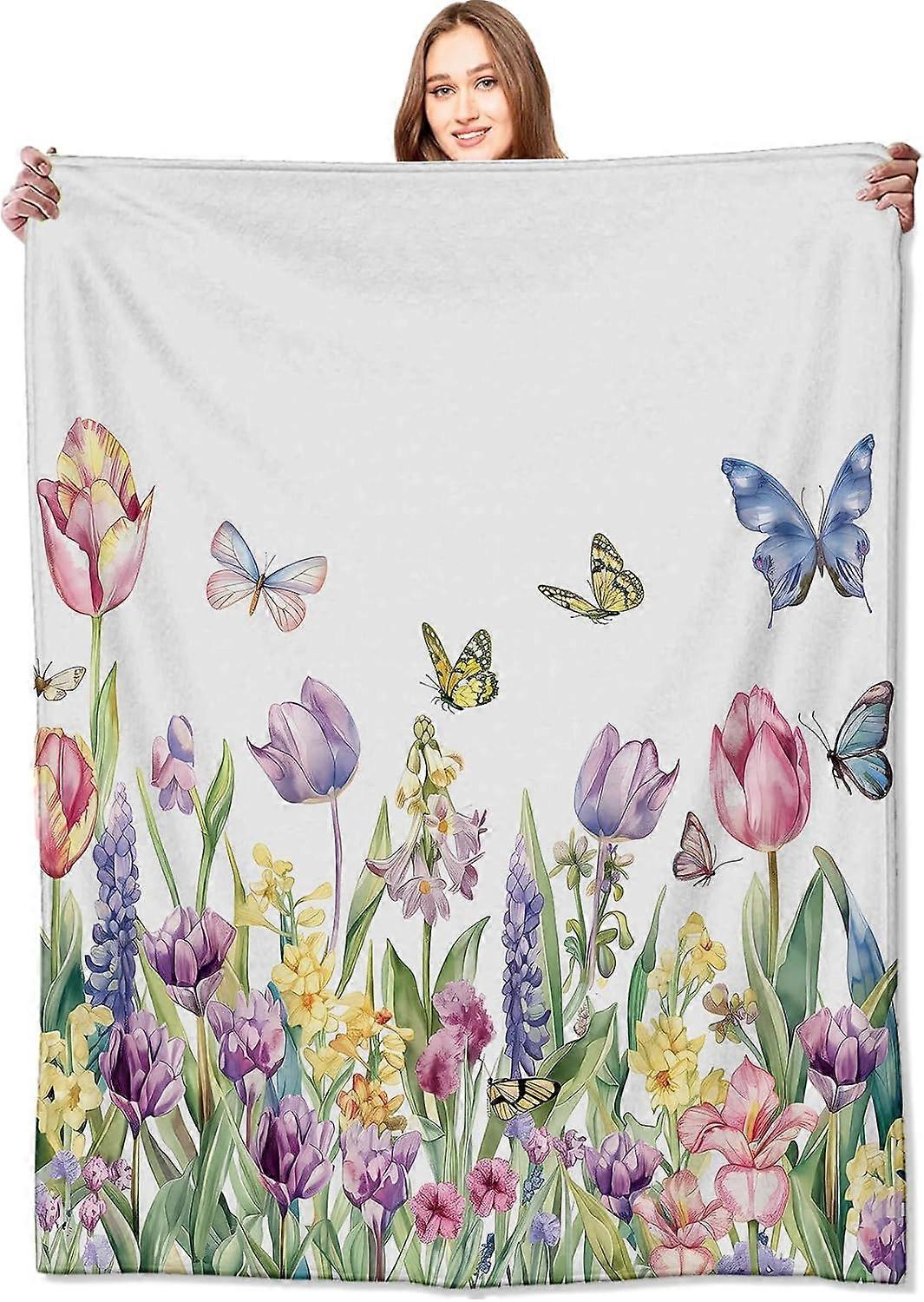 الربيع توليب زهرة بطانية لطيف الأزهار رمي البطانيات مع فراشة ملونة ، هدايا عيد ميلاد للفتيات النساء وعشاق الطبيعة ، خفيفة الوزن الصوف الناعم ،