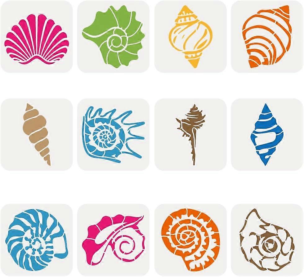 12 PCS Seashell Stencils for Painting 5.9x5.9inch Reusable Sea Shell Stencil Conch Template Sea Life Stencil Ocean Theme Stencil for Painting on Wall