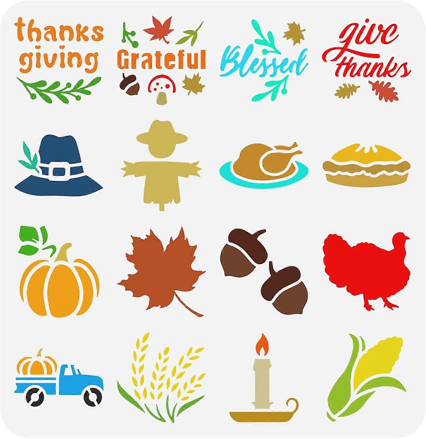 Thanksgiving Theme Stencil 11.8x11.8 inch Fall Stencil Plastic Pumpkin Hat Turkey Maple Leaf Wheat Pattern Stencil Reusable Grateful Blessed Templete