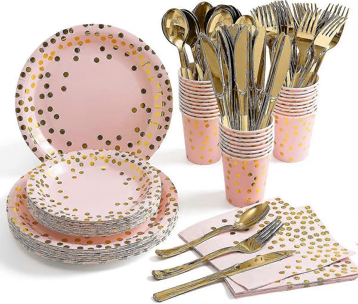 Pembe Ve Altn Parti Malzemeleri Tek Kullanmlk Yemek Takm Seti Pembe Kat Tabaklarda 25 Altn Nokta Sunar Bardaklar Ve Peeteler, Altn Plastik Baklar Kak atallar Fo
