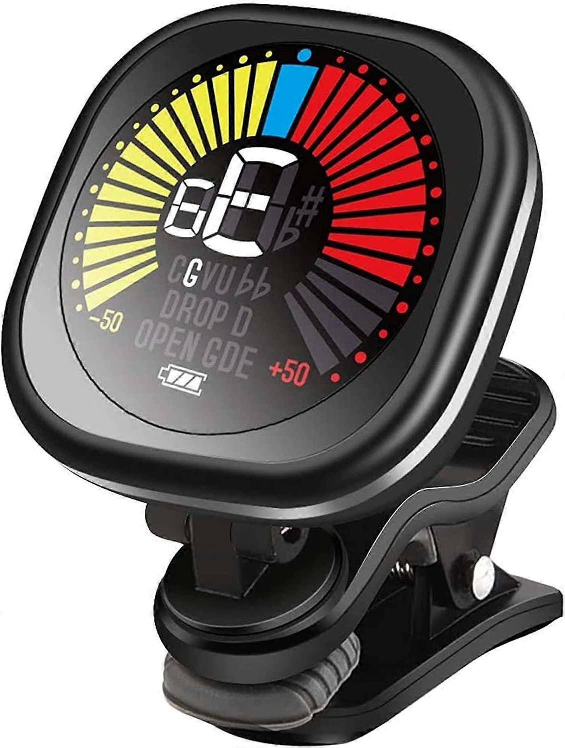 Clip-on rechargeable tuner with LCD color display, for guitar ukulele, violin, chromatic tuning modes for all A string instruments