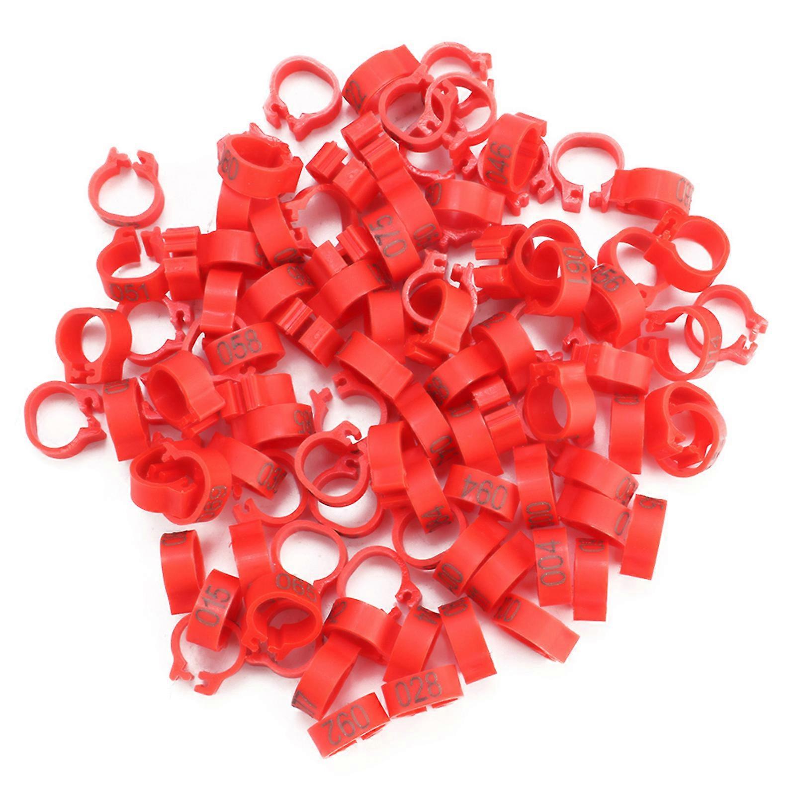 100 τεμάχια/τσάντα 8MM 001-100 αριθμημένα πλαστικά γράμματα για περιστέρια, δαχτυλίδια για τα πόδια των πουλιών (κόκκινα)